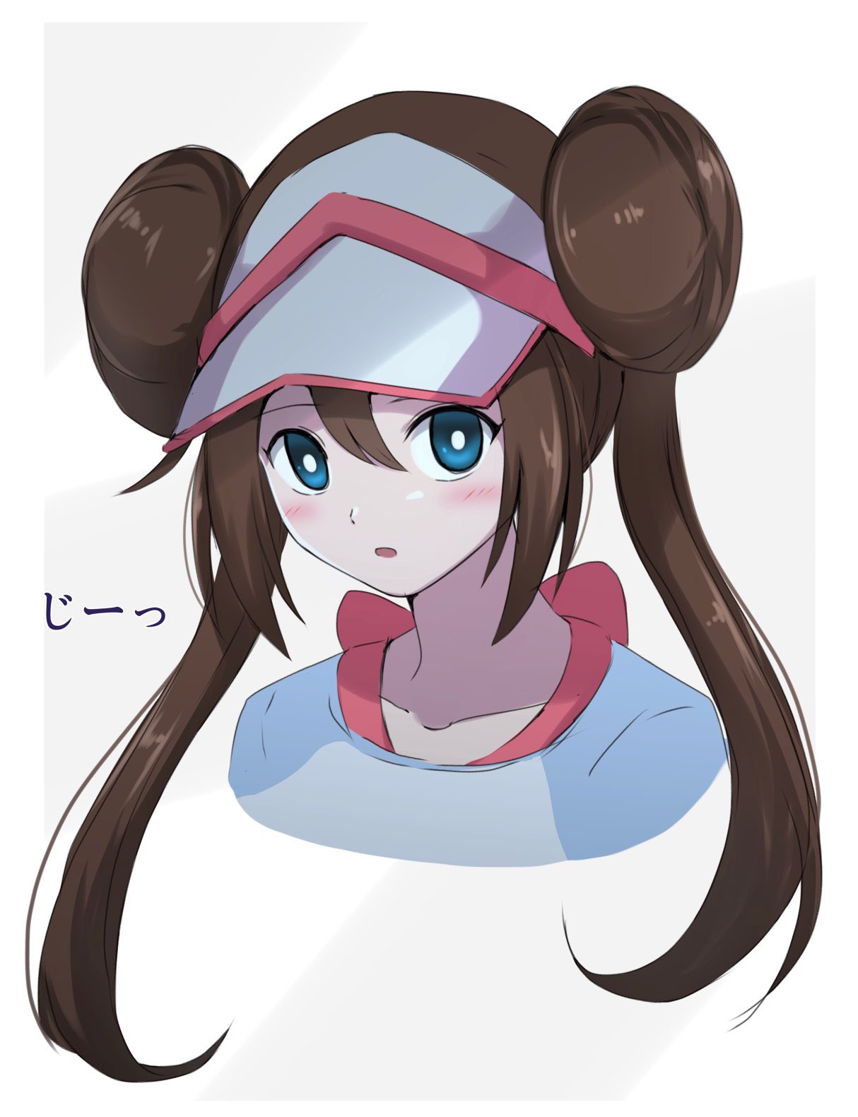1girl :o aqua_eyes blush border bright_pupils brown_hair collarbone commentary_request double_bun grey_background hair_between_eyes hair_bun highres lelie_(lelie_link) long_hair looking_at_viewer open_mouth pokemon pokemon_bw2 rosa_(pokemon) shirt solo twintails visor_cap white_border white_pupils