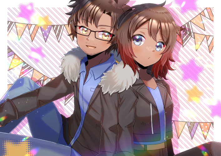 1boy 1girl back-to-back black_jacket black_pants blue_pants blue_shirt brown_eyes brown_hair closed_mouth collarbone collared_shirt commentary_request commission drawstring dress_shirt facial_hair feet_out_of_frame fur-trimmed_jacket fur_trim gradient_hair grey_eyes jacket knee_up kou_hiyoyo long_sleeves multicolored_hair open_clothes open_jacket original pants pennant shirt skeb_commission smile string_of_flags striped_background stubble