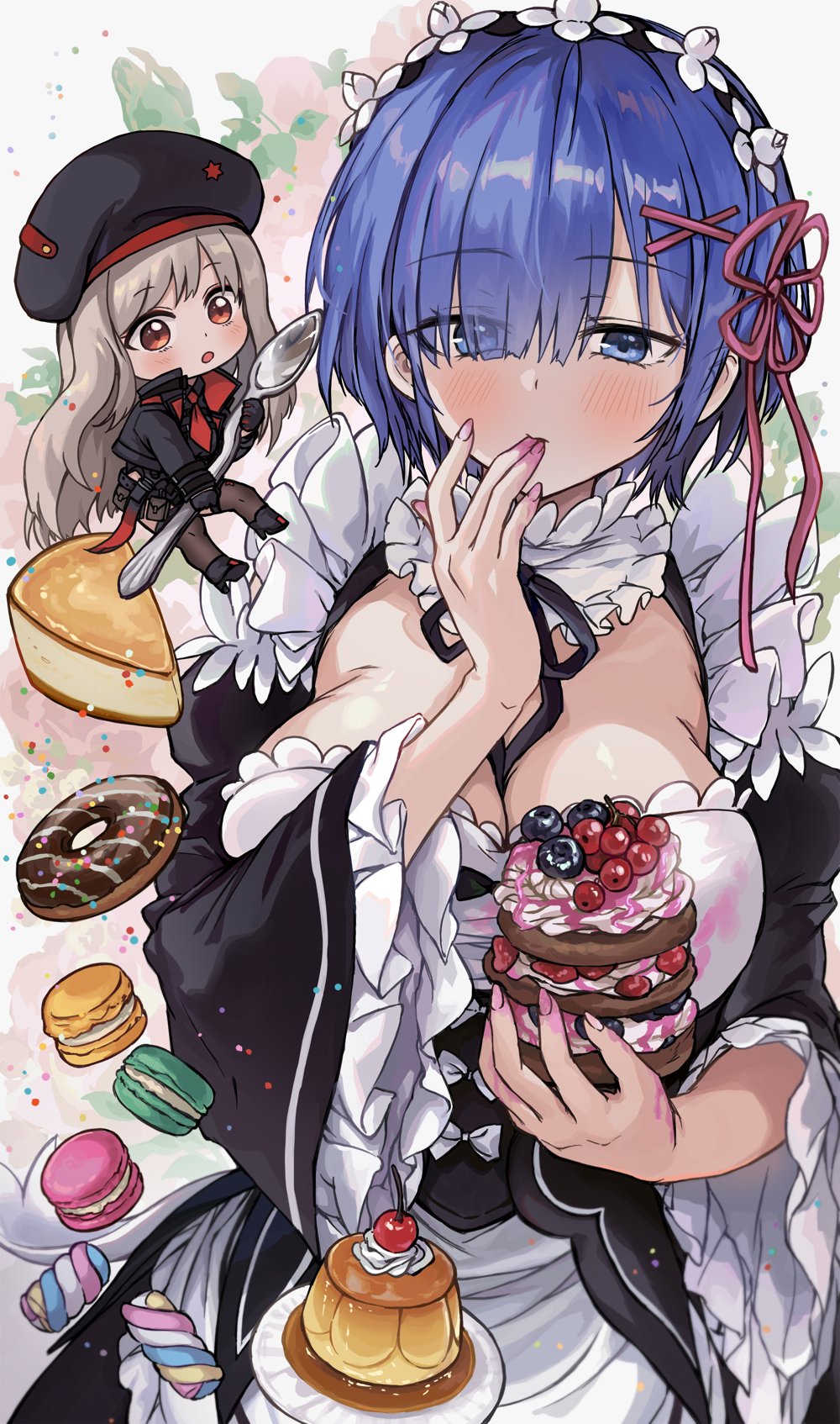 2girls :o belt belt_pouch black_beret black_bow black_footwear black_jacket black_thighhighs blue_eyes blue_hair blueberry blush bow breasts cheesecake cherry cleavage commentary_request cowboy_shot cropped_jacket doughnut eyes_visible_through_hair finger_in_own_mouth floral_background food frilled_sleeves frills fruit goddess_of_victory:_nikke hair_ornament hair_over_one_eye hair_ribbon hairband hat_ornament highres holding holding_food holding_spoon jacket large_breasts light_brown_hair long_hair macaron multiple_girls neck neck_ruff necktie open_mouth orange_eyes pale_skin pink_nails pouch pudding rapi_(nikke) re:zero_kara_hajimeru_isekai_seikatsu red_necktie red_ribbon rem_(re:zero) ribbon roswaal_mansion_maid_uniform saya_(mychristian2) short_hair spoon star_(symbol) star_hat_ornament sweets thighhighs white_bow wide_sleeves x_hair_ornament