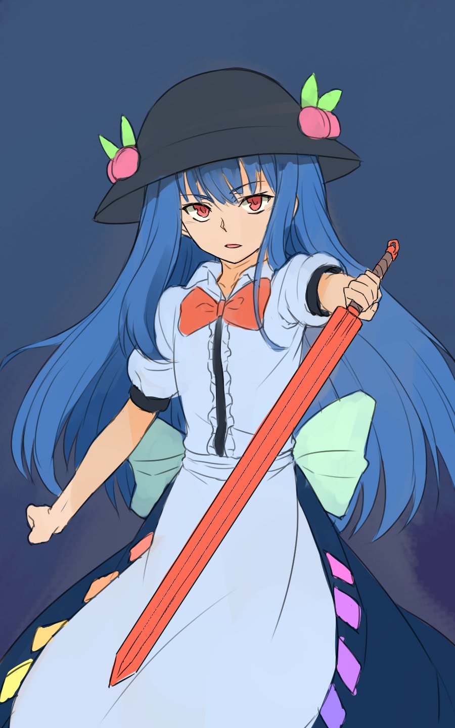 1girl black_background blue_hair bow bowtie center_frills commentary frills highres hinanawi_tenshi holding holding_sword holding_weapon kakone long_hair looking_at_viewer one-hour_drawing_challenge open_mouth peach_hat_ornament red_bow red_bowtie red_eyes shirt simple_background solo sword sword_of_hisou touhou weapon white_shirt