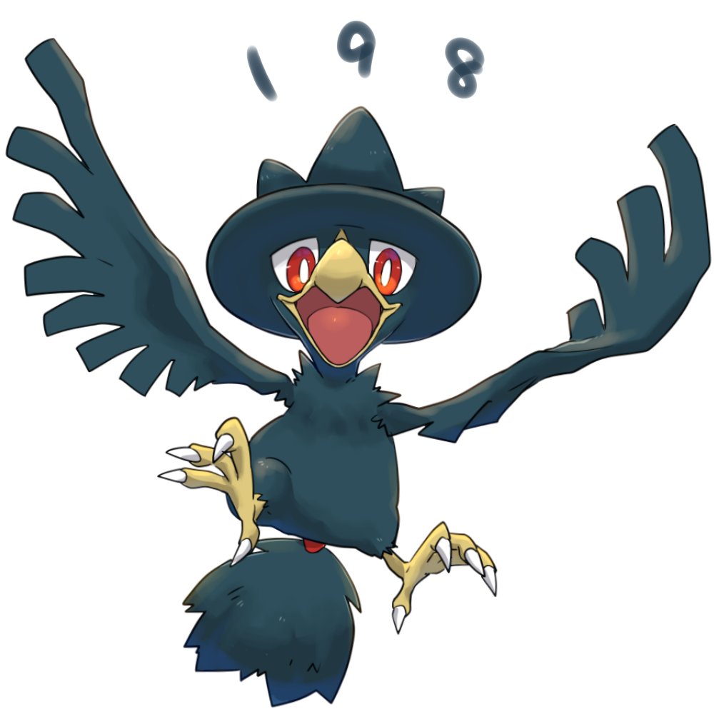 animal_focus beak bird_tail commentary_request murkrow no_humans okiza_yuuri open_mouth pokemon pokemon_(creature) red_eyes simple_background tail talons white_background wings