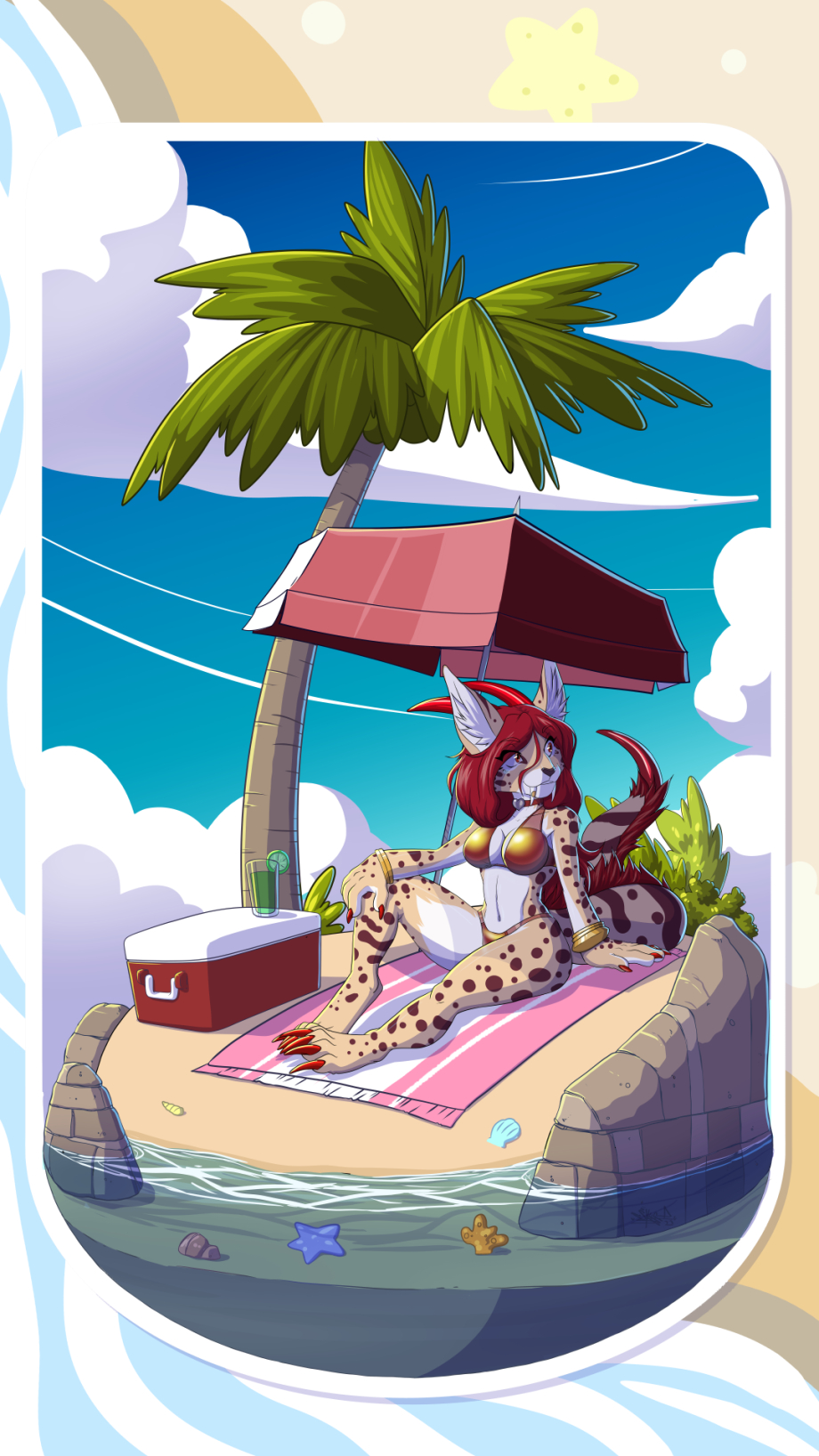 2023 anthro beach beverage bracelet choker claws clothing cooler demon fangs felid feline female hair hi_res hybrid island jewelry mammal necklace palm_tree plant red_eyes red_hair saber-toothed_tiger sabertooth_(anatomy) sand sea seashell serval shell shiiine_qabal siekfried smiley_face smilodon solo spots stinger swimwear teeth toe_claws tree umbrella water