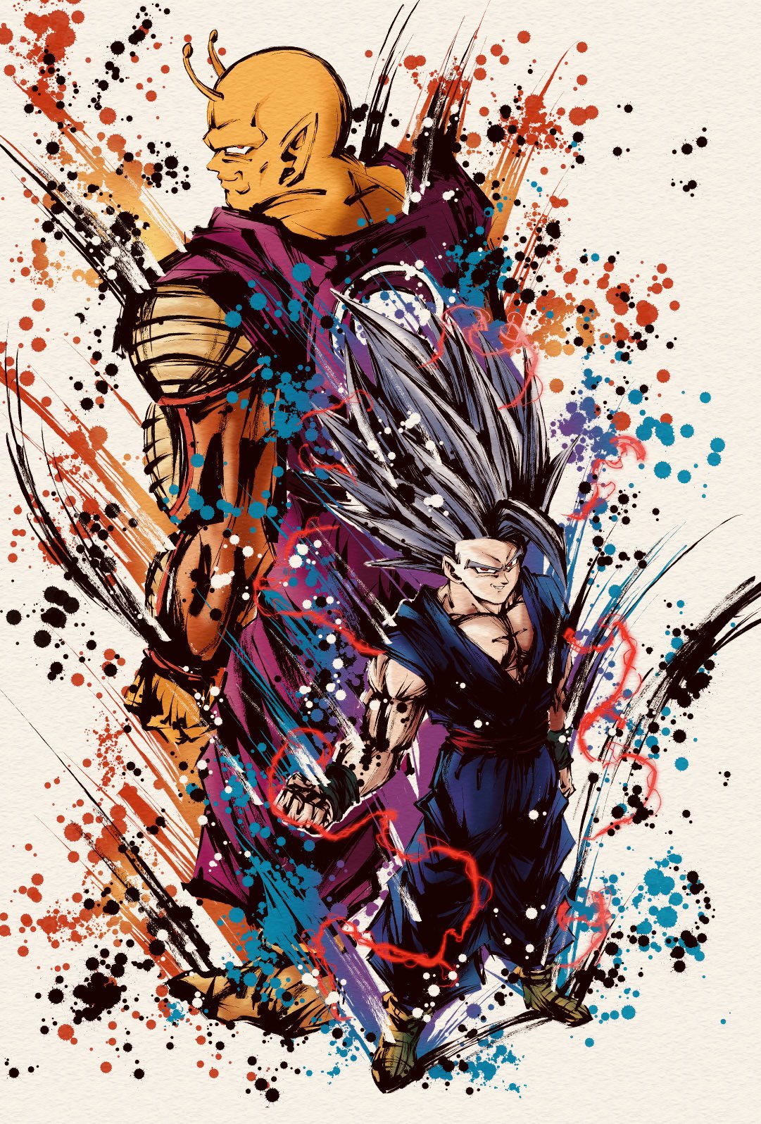 2boys back-to-back clenched_hand colored_skin derivative_work dougi dragon_ball dragon_ball_heroes dragon_ball_super dragon_ball_super_super_hero electricity gohan_beast grey_hair highres ink_wash_painting long_hair multiple_boys muscular muscular_male namekian orange_piccolo orange_skin pants piccolo pointy_ears purple_pants purple_shirt red_eyes red_sailor_collar sailor_collar shirt smirk son_gohan spiked_hair spmjg7 white_background