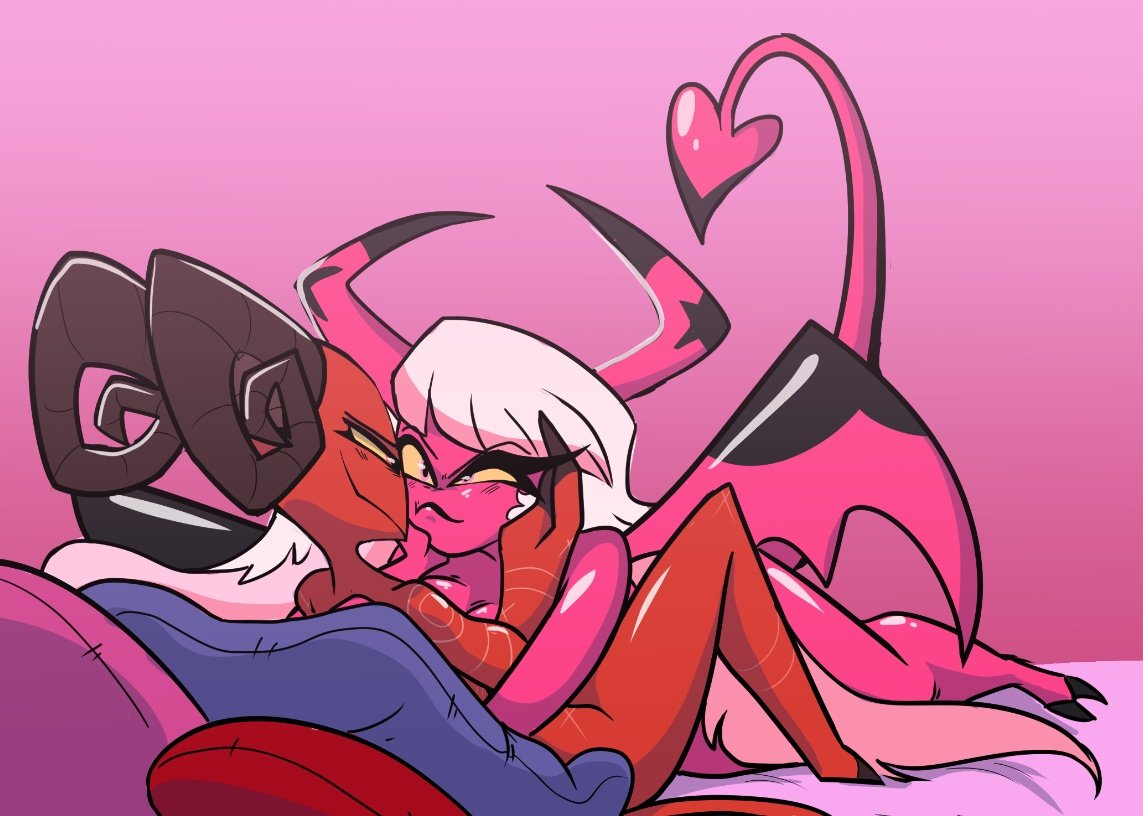 anthro barbie_(helluva_boss) bed breasts demon demon_humanoid duo female female/female fizzierolli furniture hair helluva_boss horn humanoid humanoid_on_anthro imp love nude on_bed pink_body pink_eyes red_body simple_background smile succubus tail verosika_mayday_(helluva_boss) white_hair wings