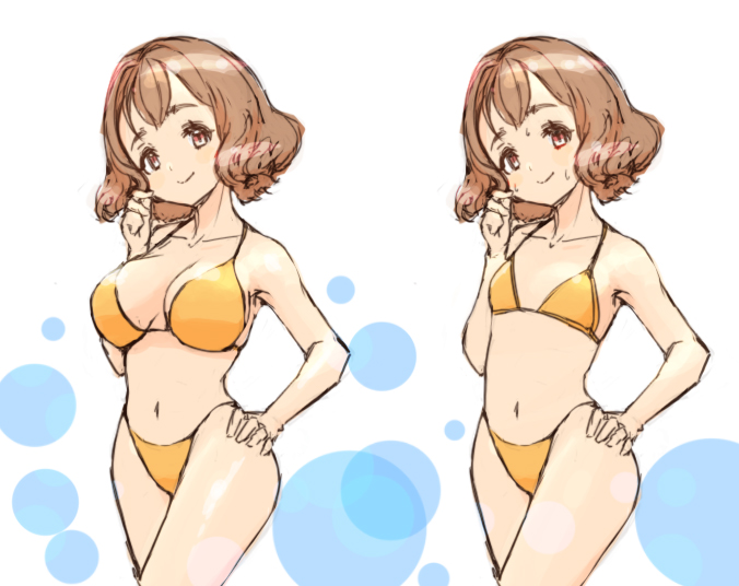 1girl amanofu_stella bikini bob_cut breasts brown_eyes brown_hair circle collarbone commentary_request double-parted_bangs expectations/reality hand_on_own_cheek hand_on_own_face hand_on_own_hip highleg highleg_bikini laorenxing large_breasts looking_at_viewer navel short_hair small_breasts smile sound_house_(store) sweat swimsuit virtual_youtuber wavy_hair white_background yellow_bikini