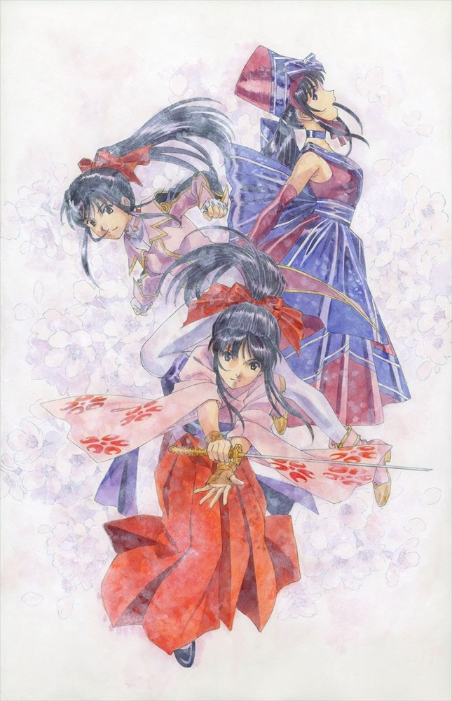 1990s_(style) 3girls bare_shoulders black_footwear black_hair blue_choker brown_eyes brown_gloves buttons choker closed_mouth collar double-breasted dress dual_persona elbow_gloves fingerless_gloves floral_print floral_print_kimono gloves hair_ornament hair_ribbon hakama hakama_skirt half_updo hat holding jacket japanese_clothes katana kimono long_hair long_sleeves looking_at_hand mary_janes matsubara_hidenori military_uniform multiple_girls nose obi official_art open_eyes open_mouth pants parted_lips pink_collar pink_footwear pink_jacket pink_kimono pink_sleeves ponytail purple_dress purple_gloves purple_sash red_hakama red_ribbon retro_artstyle ribbon sakura_taisen sash second-party_source shinguuji_sakura shoes sidelocks simple_background skirt smile solo sword top_hat traditional_media uniform weapon white_background white_gloves white_pants wide_sleeves