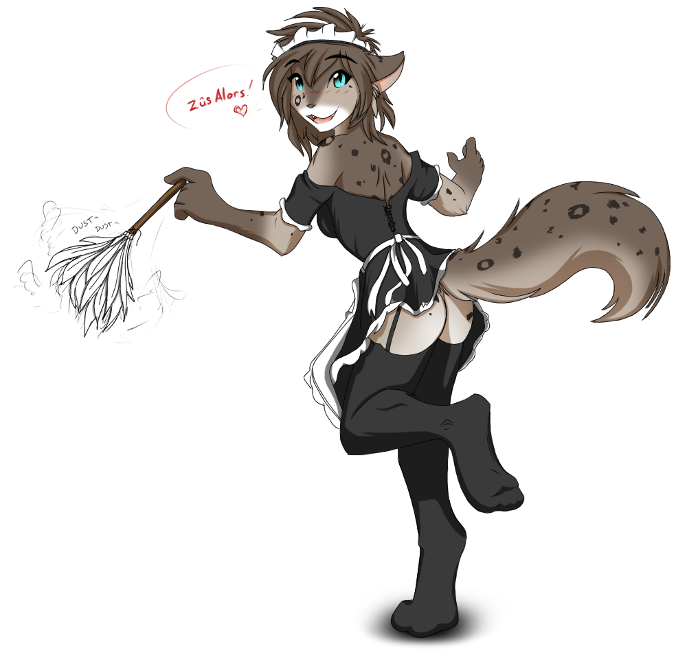 blue_eyes brown_hair dusting female fur grey_fur hair hindpaw kathrin_(twokinds) maid maid_uniform open_mouth paws spots tom_fischbach twokinds unknown_artist