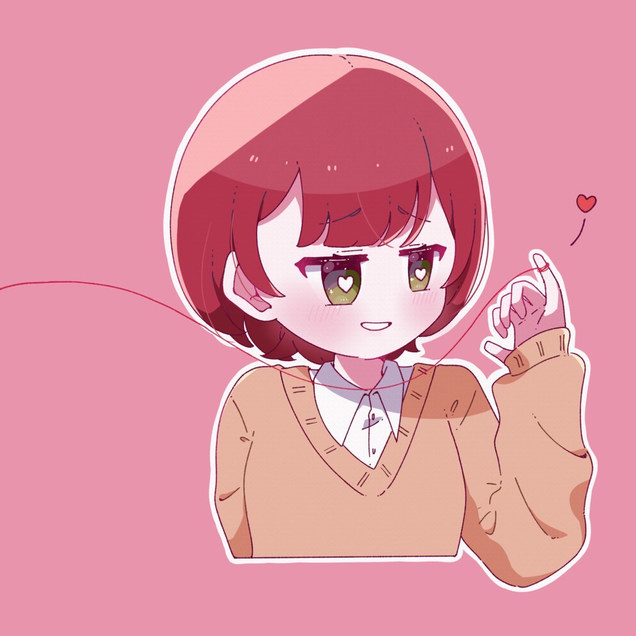 1girl blush brown_sweater collared_shirt commentary_request cropped_torso dress_shirt green_eyes hand_up heart heart-shaped_pupils highres long_sleeves oan_(o_annn) open_mouth original outline pink_background red_hair shirt short_hair simple_background solo string string_of_fate sweater symbol-shaped_pupils upper_body white_outline white_shirt