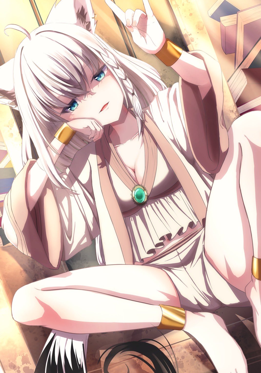 1girl ahoge animal_ear_fluff animal_ears arara0916 arm_up barefoot blue_eyes bracer braid breasts cleavage cosplay feet fox_ears fox_girl fox_shadow_puppet fox_tail hand_on_own_cheek hand_on_own_face highres hololive long_hair looking_at_viewer serie_(sousou_no_frieren) serie_(sousou_no_frieren)_(cosplay) shaded_face shirakami_fubuki shirt short_shorts shorts sitting smile solo sousou_no_frieren spread_legs tail thighs toes white_hair white_shirt white_shorts