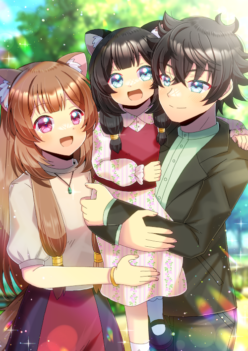 1boy 2girls :d animal_ear_fluff animal_ears black_footwear black_hair black_jacket black_pants blue_eyes blue_sky blurry blurry_background brown_hair brown_shirt closed_mouth commentary_request commission day depth_of_field dress floral_print green_shirt hair_between_eyes if_they_mated iwatani_naofumi jacket kou_hiyoyo long_hair long_sleeves multiple_girls open_clothes open_jacket outdoors pants pink_dress print_dress puffy_long_sleeves puffy_short_sleeves puffy_sleeves purple_eyes raphtalia red_skirt shirt shoes short_sleeves skeb_commission skirt sky sleeves_past_wrists smile socks striped_clothes striped_dress tail tate_no_yuusha_no_nariagari vertical-striped_clothes vertical-striped_dress very_long_hair white_socks