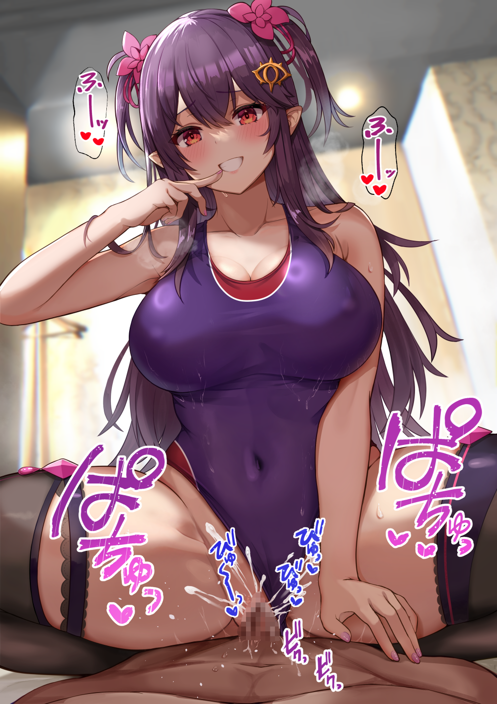 1boy 1girl bare_arms bare_shoulders black_thighhighs blush breasts censored cleavage clothing_aside competition_swimsuit covered_navel cowgirl_position cum cum_in_pussy girl_on_top hair_ornament hand_up highres kihou_no_gotoku_dmc large_breasts long_hair looking_at_viewer mosaic_censoring one-piece_swimsuit original pointy_ears purple_hair purple_one-piece_swimsuit red_eyes sex smile solo_focus spread_legs straddling swimsuit swimsuit_aside thighhighs thighs two_side_up vaginal