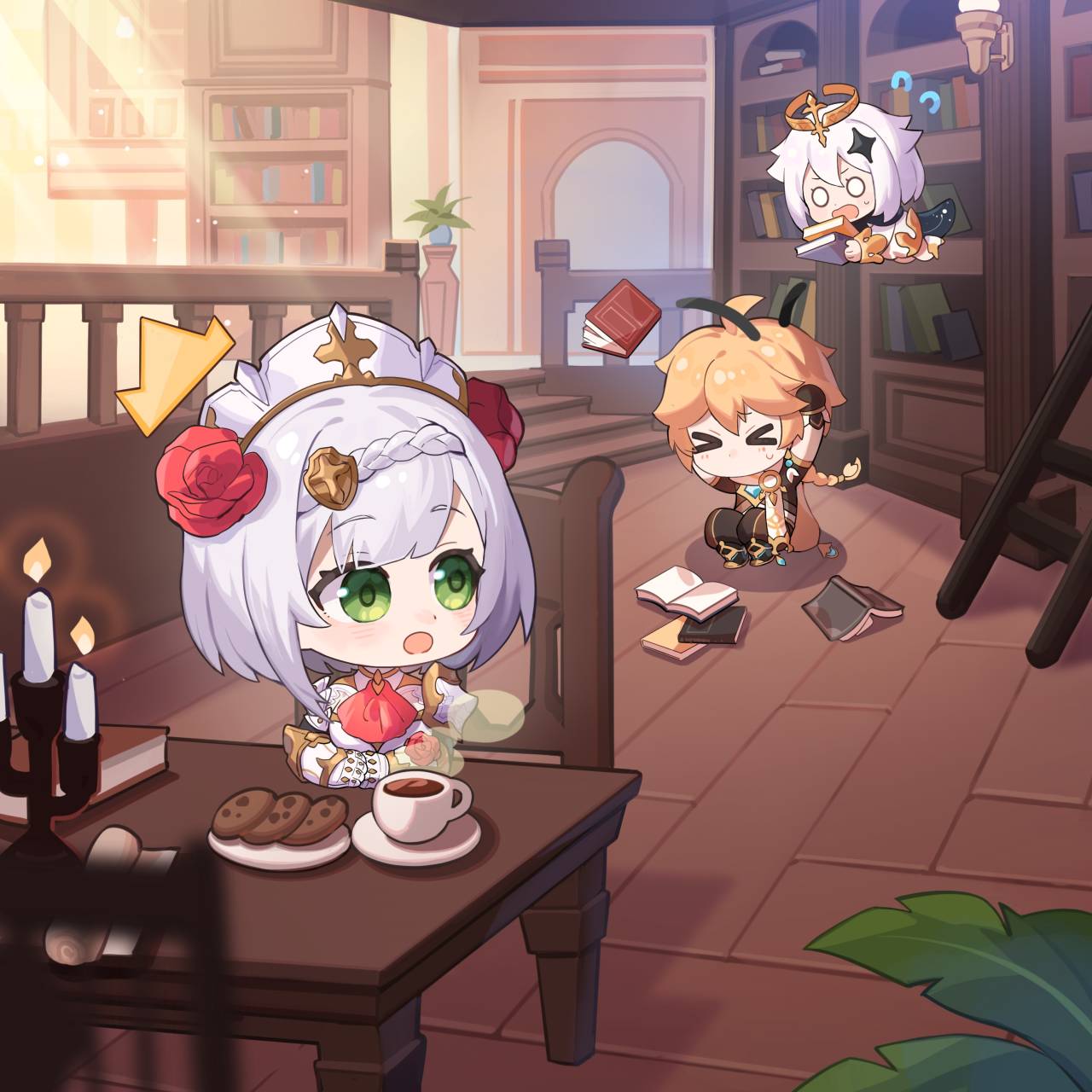 &gt;_&lt; 1boy 2girls aether_(genshin_impact) ahoge armor armored_dress ascot black_footwear black_gloves black_pants black_shirt blonde_hair blue_scarf blunt_bangs blush book bookshelf boots braid braided_bangs braided_ponytail breastplate candle candlestand cape chair chibi closed_eyes coffee commentary cookie crop_top cup earrings english_commentary flower food full_body gauntlets genshin_impact gloves gold_trim green_eyes grey_hair hair_between_eyes hair_ornament halo highres holding holding_book jewelry ladder long_hair looking_at_another maid_headdress midriff mug multiple_girls noelle_(genshin_impact) o_o official_art open_book open_mouth paimon_(genshin_impact) pants plate red_ascot red_flower red_rose romper rose scarf scroll shirt short_hair short_sleeves shoulder_armor sidelocks single_earring sitting stairs steam surprised sweatdrop table white_cape white_footwear white_hair white_romper white_scarf
