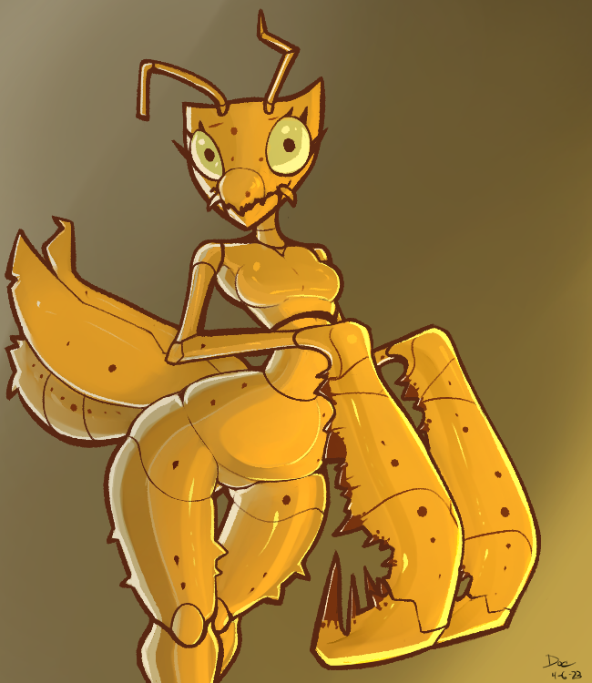 2023 antennae_(anatomy) anthro arthropod breasts dated digital_media_(artwork) eyelashes female gradient_background insect looking_at_viewer mantis mrdoccon signature simple_background solo thigh_gap yellow_body yellow_sclera
