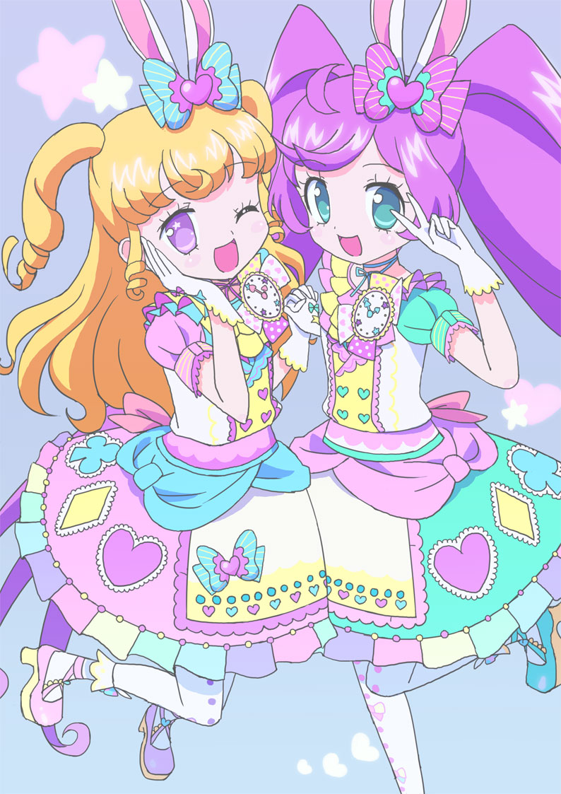 2girls :d ;d ahoge animal_ears blonde_hair blue_background blue_bow blue_eyes bow commentary_request dress fake_animal_ears full_body gloves hair_bow hand_on_own_cheek hand_on_own_face hands_up holding_hands idol_clothes idol_time_pripara jumping ku_(residual666) long_hair looking_at_viewer manaka_laala multiple_girls one_eye_closed open_mouth pink_bow pink_dress pink_footwear pretty_series print_dress pripara puffy_short_sleeves puffy_sleeves purple_eyes purple_hair rabbit_ears ringlets shoes short_sleeves smile standing standing_on_one_leg star_(symbol) twintails two_side_up very_long_hair white_gloves yumekawa_yui