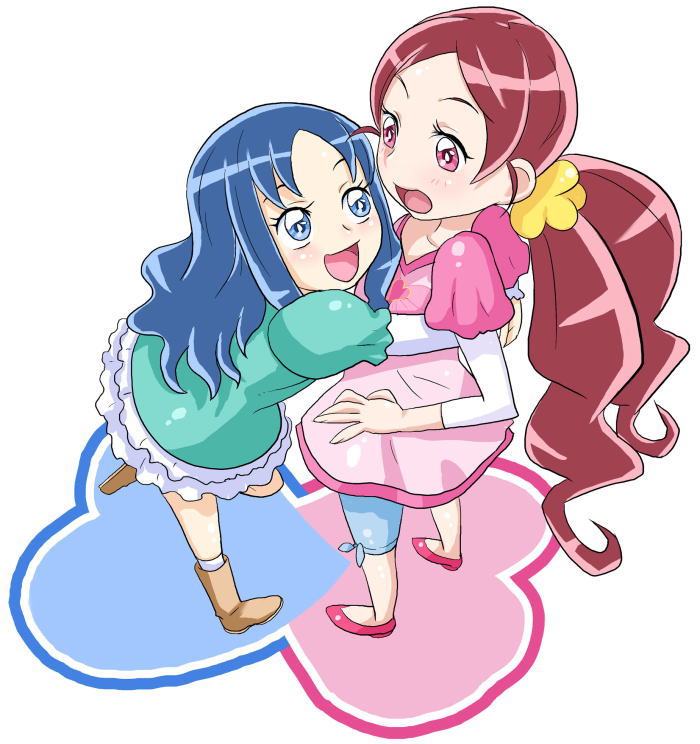 2girls anime_coloring ankle_socks aqua_dress aqua_sleeves arms_around_waist blue_eyes blue_hair blue_shorts boots brown_footwear commentary_request dress eyelashes flower frilled_dress frills full_body hair_flower hair_ornament hanasaki_tsubomi heartcatch_precure! high_heels hug kurumi_erika layered_sleeves light_blush long_hair long_sleeves looking_at_another low_twintails multiple_girls no_socks open_mouth pink_dress pink_eyes pink_footwear pink_sleeves precure puffy_short_sleeves puffy_sleeves pumps red_hair short_dress short_over_long_sleeves short_sleeves shorts simple_background smile socks tied_shorts toryuu twintails very_long_hair wavy_hair white_background white_sleeves white_socks yellow_flower