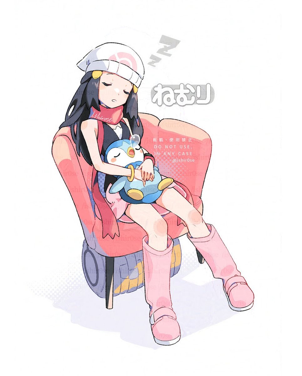 1girl artist_name bag beanie bird black_hair boots closed_eyes commentary_request dawn_(pokemon) hat highres kusuribe long_hair on_chair on_lap penguin pink_footwear piplup poke_ball_print pokemon pokemon_(creature) pokemon_dppt pokemon_on_lap print_headwear red_scarf scarf sitting sleeping snoring translation_request twitter_username watermark white_hat zzz