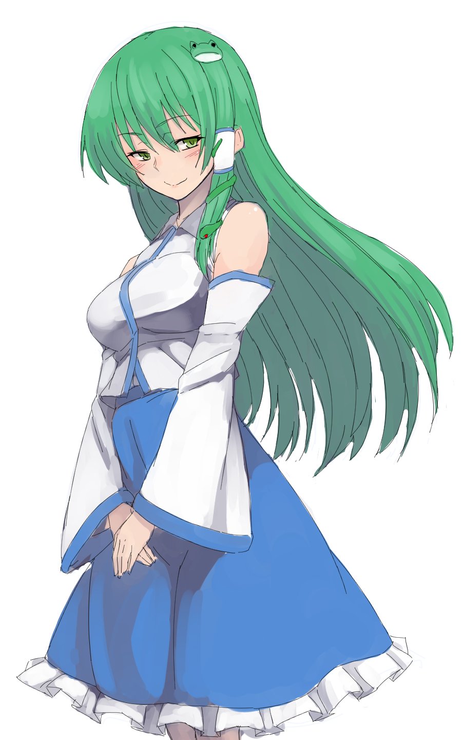 1girl bare_shoulders blue_skirt blush breasts closed_mouth commentary detached_sleeves frilled_skirt frills frog_hair_ornament green_eyes green_hair hair_ornament highres kakone kochiya_sanae looking_at_viewer one-hour_drawing_challenge own_hands_together simple_background skirt smile snake_hair_ornament solo touhou white_background