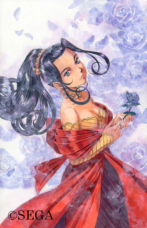 1990s_(style) 1girl bare_shoulders bead_necklace beads black_hair blue_flower blue_rose closed_mouth collarbone copyright_notice cowboy_shot detached_sleeves dress floral_background flower green_eyes hair_ornament holding holding_flower jewelry looking_at_viewer matsubara_hidenori necklace nose official_art open_eyes parted_bangs ponytail red_dress retro_artstyle rose sakura_taisen sakura_taisen_ii second-party_source sega soletta_orihime solo solo_focus traditional_media yellow_sleeves