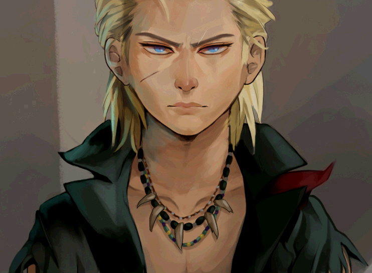 bad_id bad_pixiv_id blonde_hair blue_eyes eli_(mgs) jewelry liquid_snake male_focus metal_gear_(series) metal_gear_solid metal_gear_solid_v necklace portrait scar solo throttlee tooth_necklace