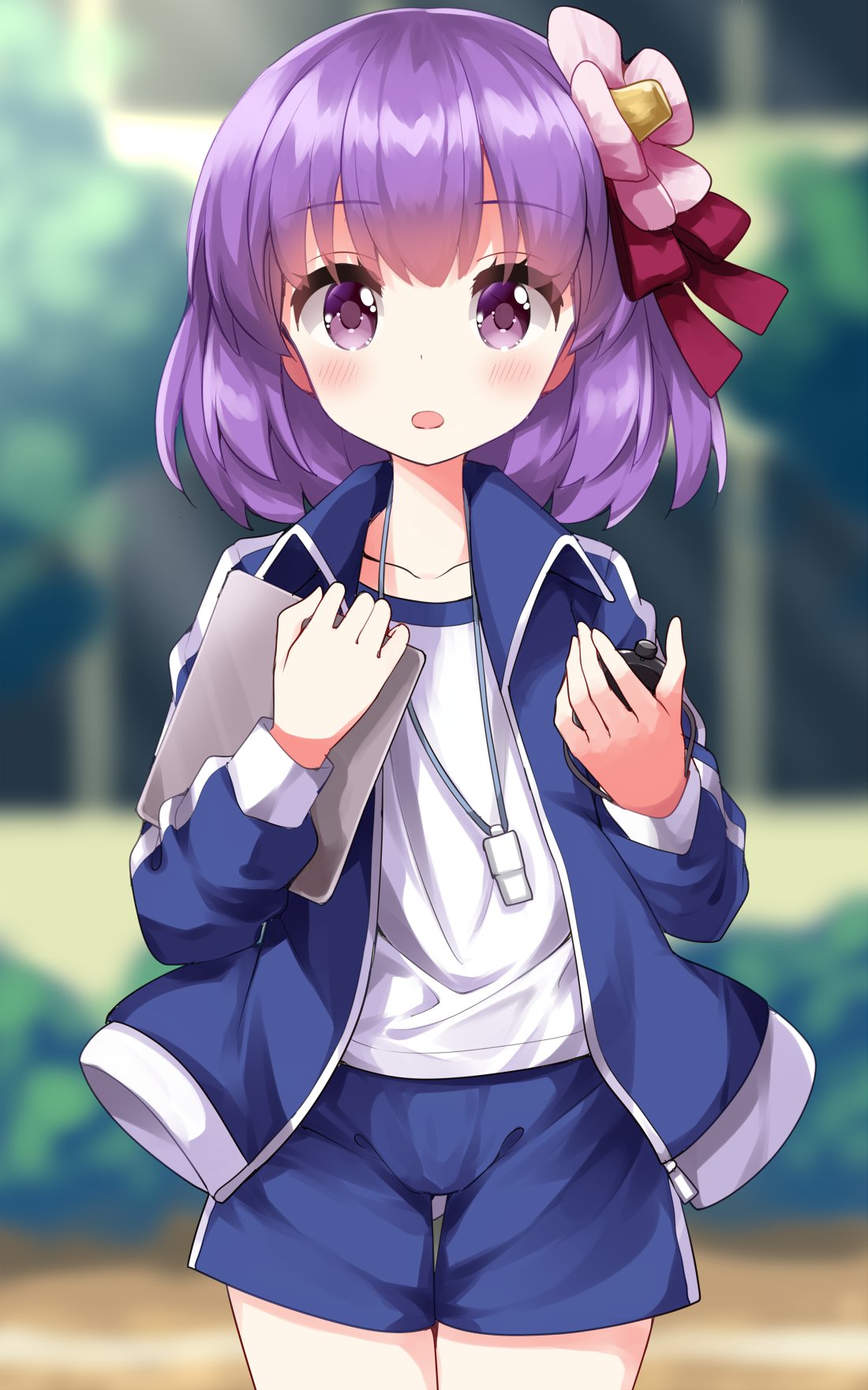 1girl alternate_costume blue_jacket blue_shorts blush clipboard collarbone commentary_request flower gym_shorts gym_uniform hair_flower hair_ornament hieda_no_akyuu highres holding holding_clipboard jacket outdoors parted_lips purple_eyes purple_hair ruu_(tksymkw) short_hair shorts solo standing stopwatch touhou whistle whistle_around_neck