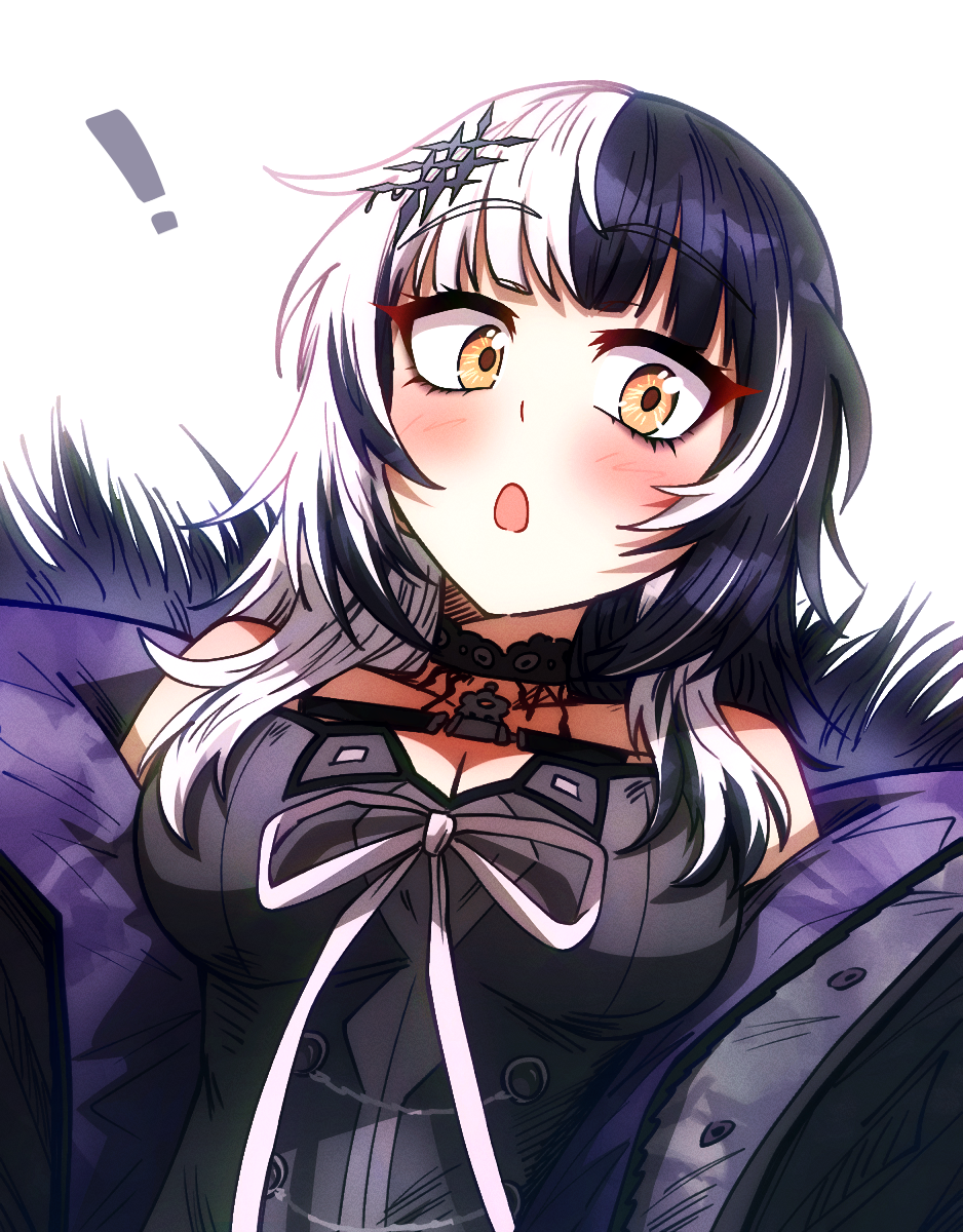 ! 1girl :o black_choker black_coat black_dress black_hair blush breasts chest_belt choker cleavage coat commentary ddolbang dress fur-trimmed_coat fur_trim grey_hair hair_ornament highres hololive hololive_english lace lace_choker large_breasts long_hair looking_at_viewer multicolored_hair off_shoulder open_clothes open_coat open_mouth shiori_novella shiori_novella_(1st_costume) simple_background solo split-color_hair symbol-only_commentary two-tone_hair upper_body virtual_youtuber white_background wide-eyed yellow_eyes