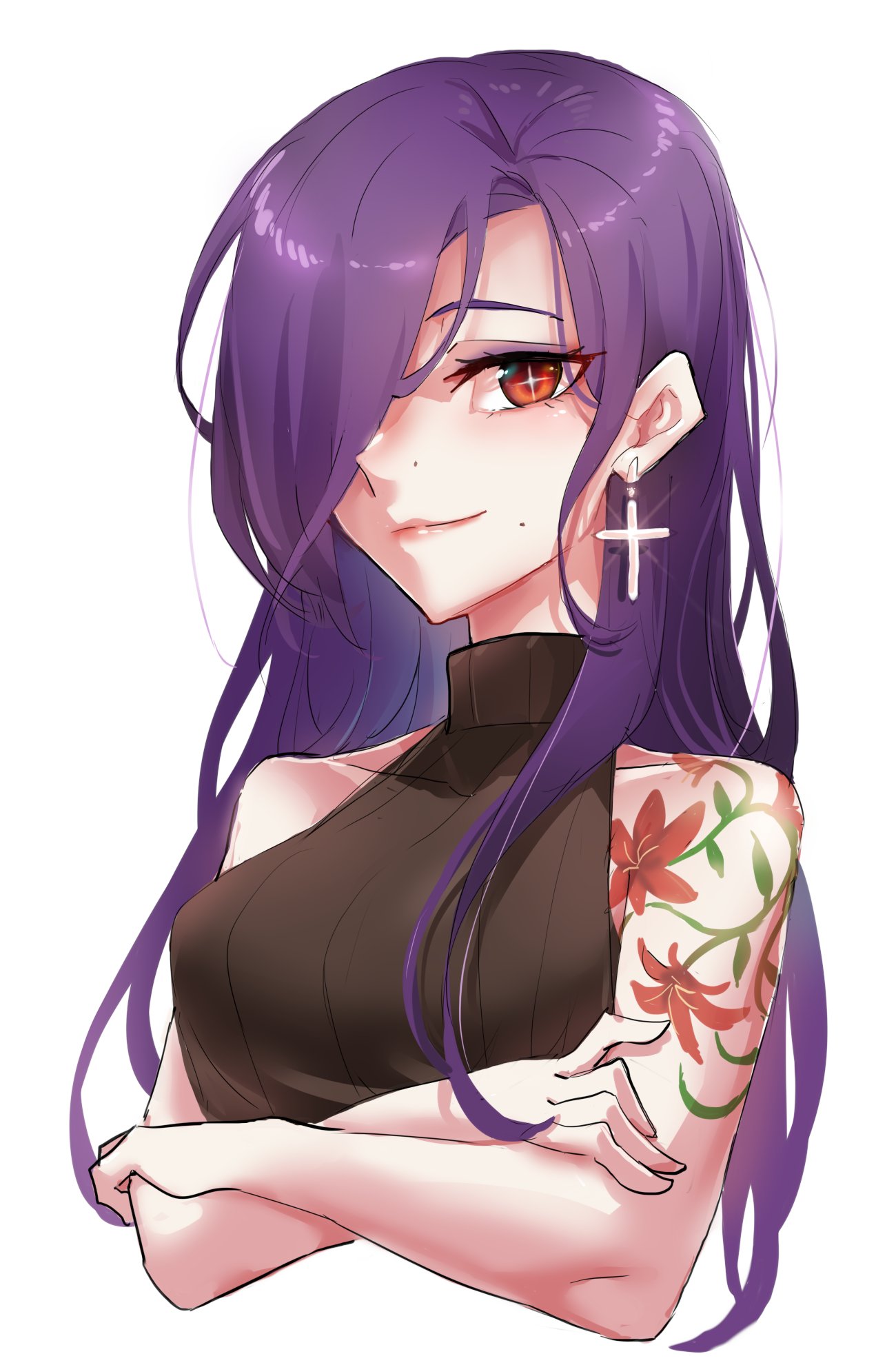 1girl 9900_mai_(vtuber) arm_tattoo bidortw breasts chinese_commentary commentary_request cropped_torso cross cross_earrings crossed_arms earrings flower_tattoo hair_over_one_eye highres indie_virtual_youtuber jewelry long_hair medium_breasts mole_beside_mouth multiple_moles red_eyes ribbed_shirt shirt shoulder_tattoo single_earring sleeveless sleeveless_shirt sleeveless_turtleneck smile solo tattoo turtleneck upper_body virtual_youtuber