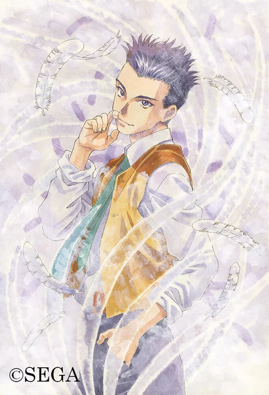 1990s_(style) 1boy black_hair black_pants brown_eyes button_gap closed_mouth collar copyright_notice english_text feathers green_necktie hand_in_pocket looking_at_viewer matsubara_hidenori necktie nose official_art oogami_ichirou pants retro_artstyle sakura_taisen second-party_source sega shadow shirt simple_background sleeves_rolled_up spiked_hair suspenders traditional_media vest white_collar white_feathers white_shirt white_sleeves yellow_vest