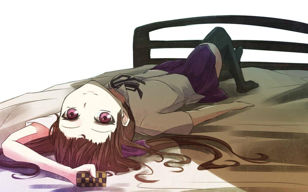 bad_id bad_twitter_id bed bed_sheet brown_hair cellphone checkered himekaidou_hatate long_hair looking_at_viewer natsuki_teru necktie phone purple_eyes ribbon simple_background skirt smile solo thighhighs touhou twintails white_background zettai_ryouiki