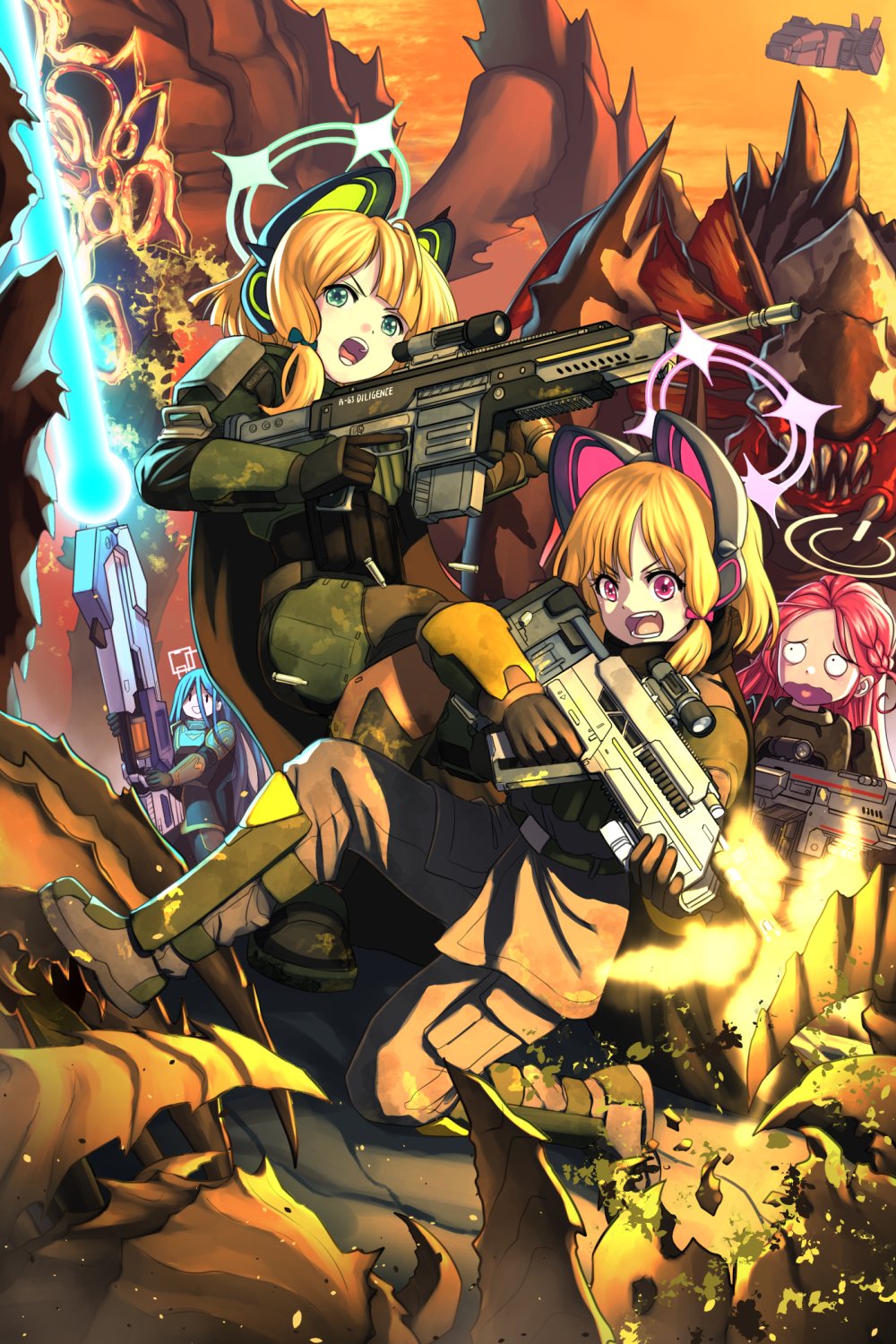 4girls animal_ear_headphones animal_ears aris_(blue_archive) armor black_hair blonde_hair blue_archive cape cat_ear_headphones dropship fake_animal_ears game_development_department_(blue_archive) gloves green_eyes green_halo gun halo headphones helldivers_(series) helmet highres holding holding_gun holding_weapon long_hair_between_eyes midori_(blue_archive) momoi_(blue_archive) multiple_girls open_mouth red_hair rifle short_hair siblings sisters substance20 twins weapon yuzu_(blue_archive)