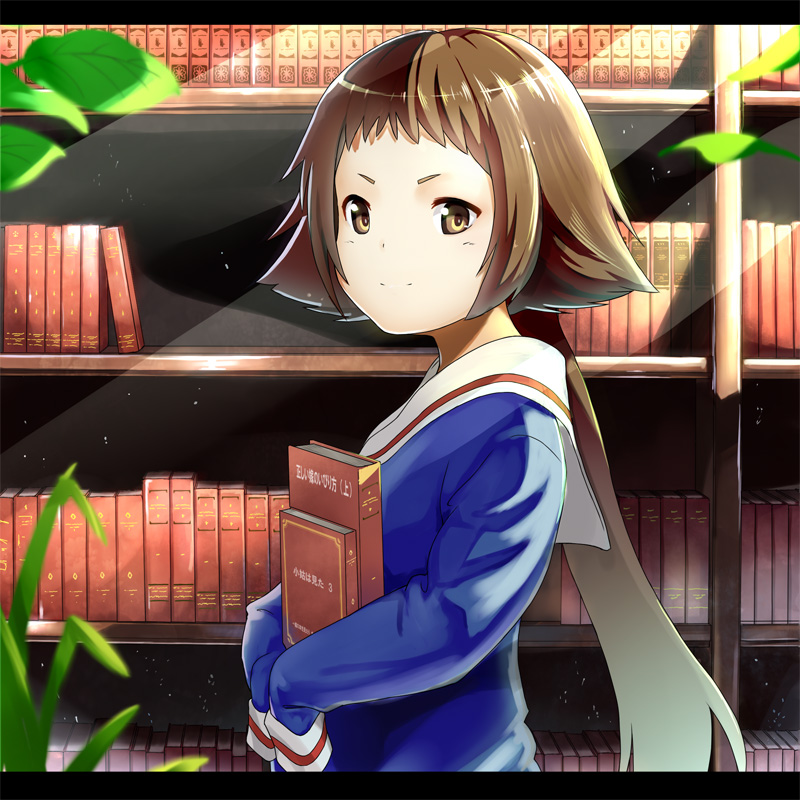 book brown_eyes brown_hair letterboxed library long_hair looking_at_viewer mikakunin_de_shinkoukei mitsumine_mashiro school_uniform short_hair_with_long_locks sleeves_past_fingers sleeves_past_wrists smile solo tomitayaki