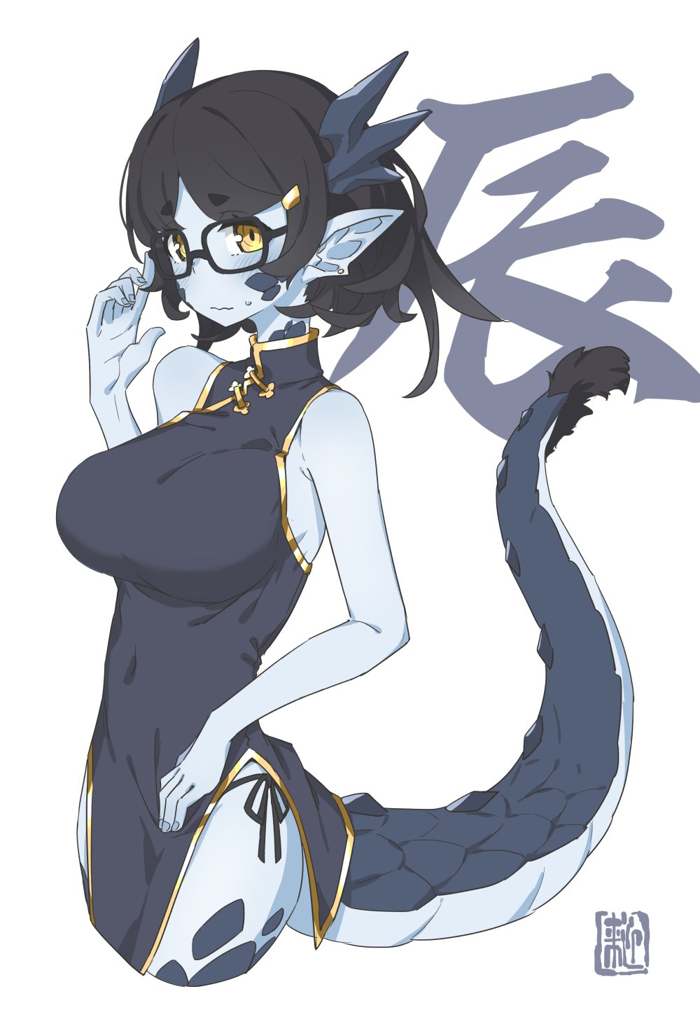 1girl bad_id bad_twitter_id bare_shoulders black-framed_eyewear black_hair blue_skin blush breasts china_dress chinese_clothes chinese_zodiac closed_mouth colored_skin dragon_girl dragon_horns dragon_tail dress earrings glasses hair_ornament hairclip highres hikimayu horns inactive_account jewelry large_breasts original panties pointy_ears raigou side-tie_panties simple_background solo stud_earrings sweatdrop tail underwear white_background year_of_the_dragon yellow_eyes