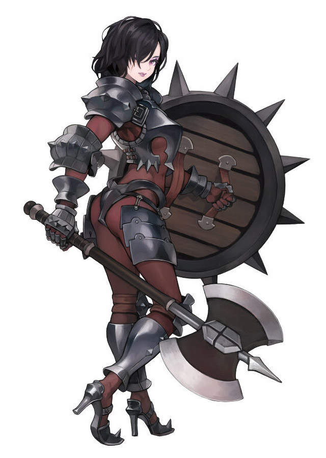 1girl armor ass axe bead_necklace beads berengaria_(unicorn_overlord) black_hair bodysuit breastplate brown_bodysuit full_body gauntlets holding holding_shield jewelry looking_at_viewer necklace noma_takafumi official_art purple_eyes red_bodysuit scar scar_across_eye shield short_hair shoulder_plates simple_background solo standing third-party_source unicorn_overlord white_background