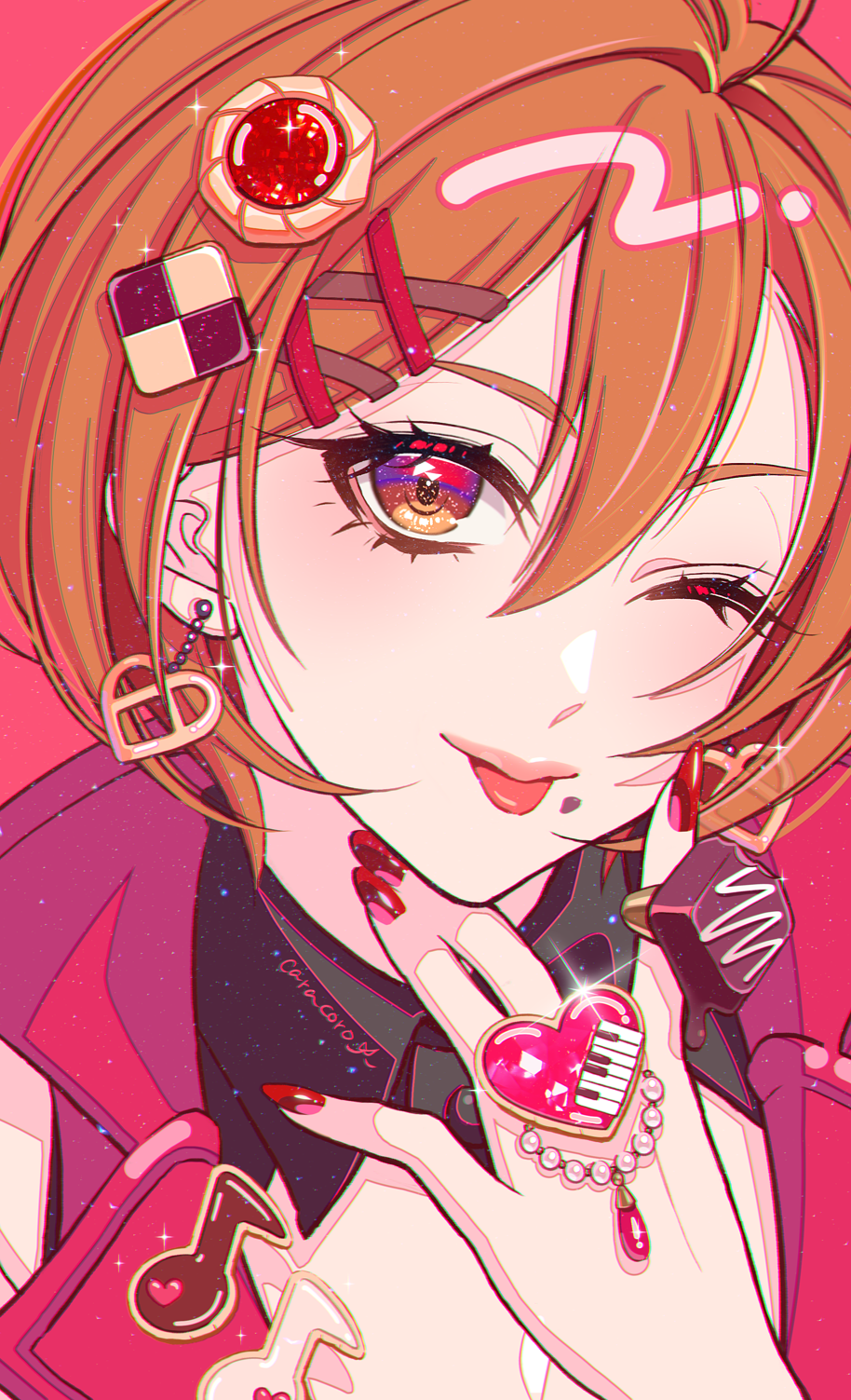 1girl bob_cut brown_eyes brown_hair caracoro chocolate dangle_earrings earrings eyelashes hair_between_eyes hair_ornament highres jewelry looking_at_viewer meiko_(vocaloid) meiko_(vocaloid3) multiple_hairpins musical_note nail_polish one_eye_closed pink_background project_sekai red_nails ring short_hair signature solo tongue tongue_out upper_body vocaloid x_hair_ornament