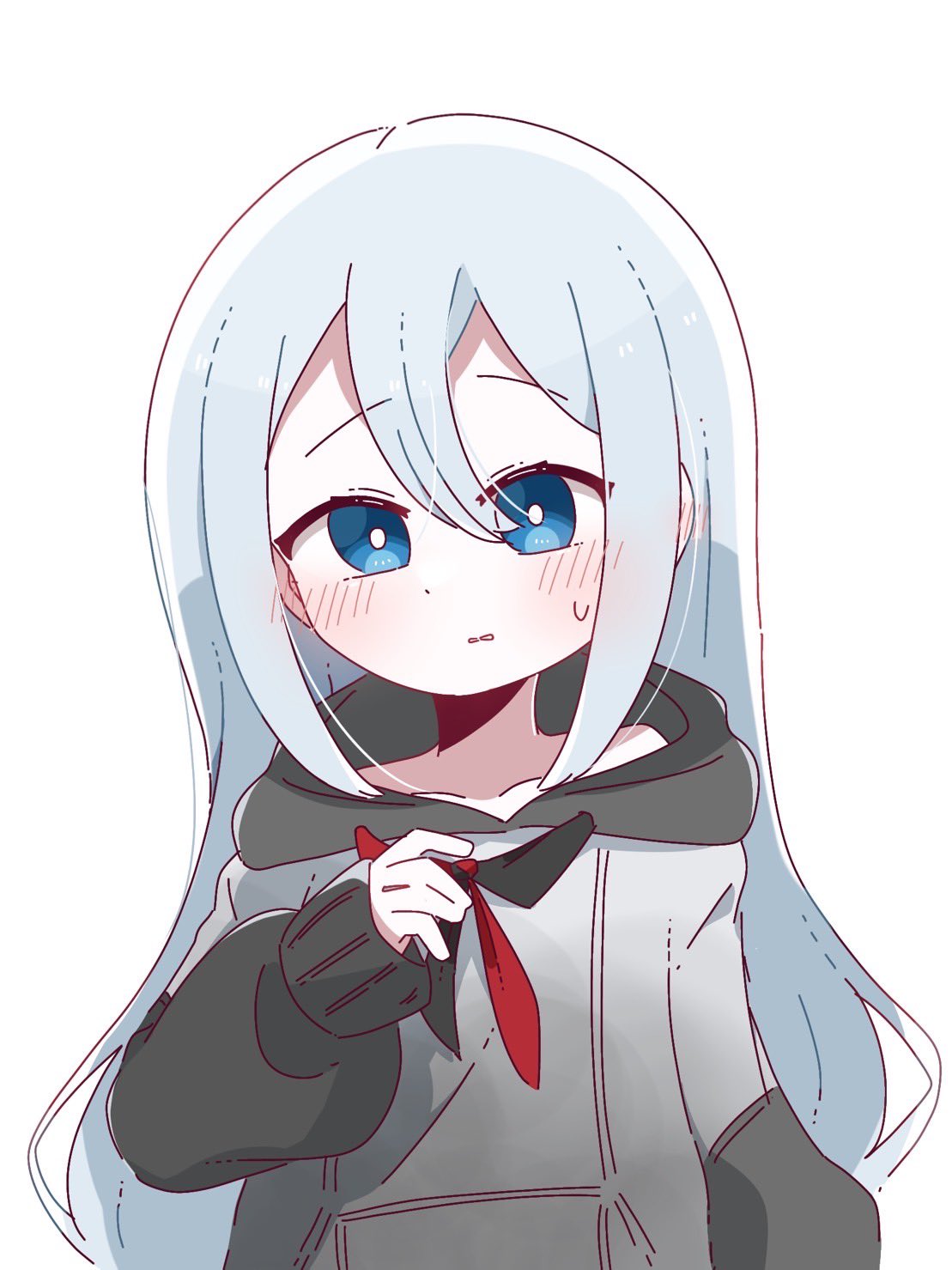 1girl blue_eyes blush commentary_request grey_hoodie hair_between_eyes highres hood hood_down hoodie long_hair long_sleeves looking_at_viewer oan_(o_annn) parted_lips project_sekai simple_background solo split_mouth upper_body white_background white_hair yoisaki_kanade