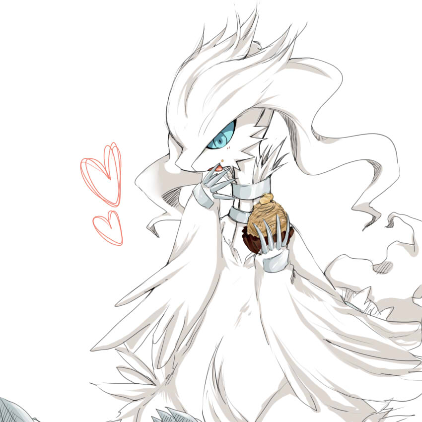 bad_pixiv_id blue_eyes dragon eating food food_on_face gen_5_pokemon heart koyashaka licking_hand no_humans nut_(food) pokemon pokemon_(creature) reshiram simple_background white_background white_hair