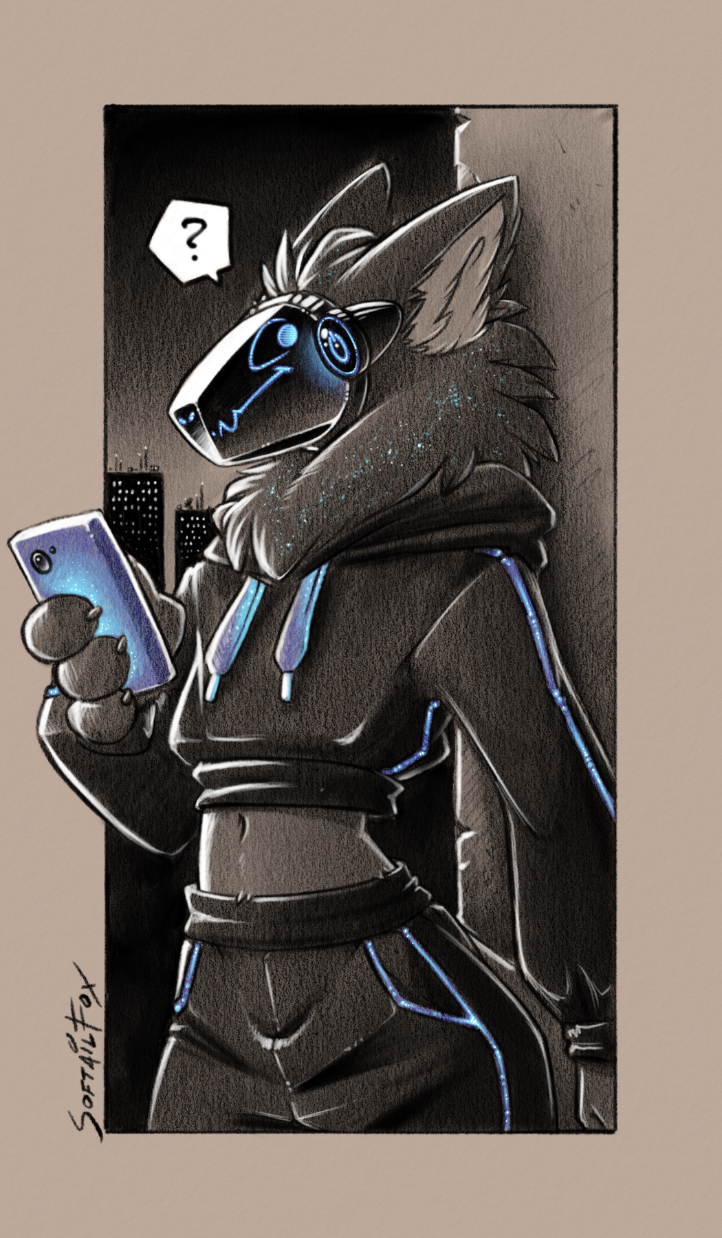 anthro black_and_white blue_glow cellphone city city_background city_lights city_scape cityscape clothing comic electronics glowing glowing_blue glowing_eyes hi_res highlights_(coloring) hoodie looking_back looking_over_back looking_over_shoulders machine mane monochrome night night_time nonbinary_(lore) phone protogen simple_background simple_coloring sketch smartphone softailfox solo speech_bubble sweatpants topwear