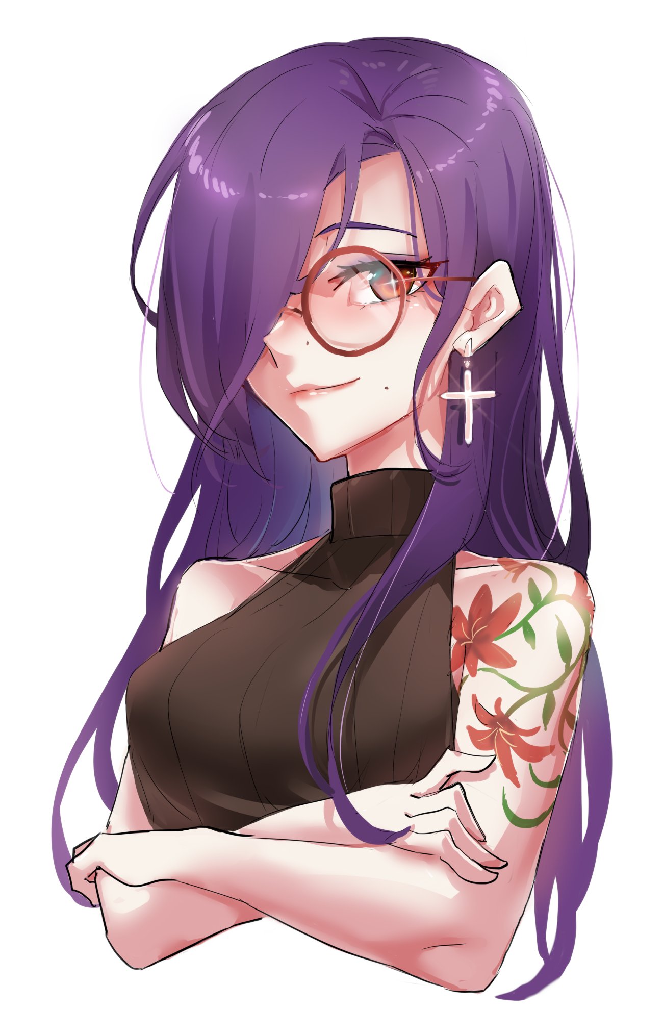 1girl 9900_mai_(vtuber) arm_tattoo bidortw breasts chinese_commentary commentary_request cropped_torso cross cross_earrings crossed_arms earrings flower_tattoo glasses hair_over_one_eye highres indie_virtual_youtuber jewelry long_hair medium_breasts mole_beside_mouth multiple_moles red-framed_eyewear red_eyes ribbed_shirt round_eyewear shirt shoulder_tattoo single_earring sleeveless sleeveless_shirt sleeveless_turtleneck smile solo tattoo turtleneck upper_body virtual_youtuber