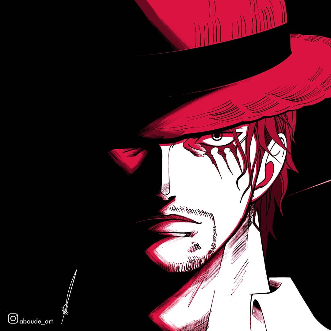 1boy aboude_art artist_name closed_mouth facial_hair hat instagram_logo instagram_username limited_palette looking_at_viewer male_focus one_piece red_hair scar scar_across_eye scar_on_face shanks_(one_piece) short_hair signature solo straw_hat