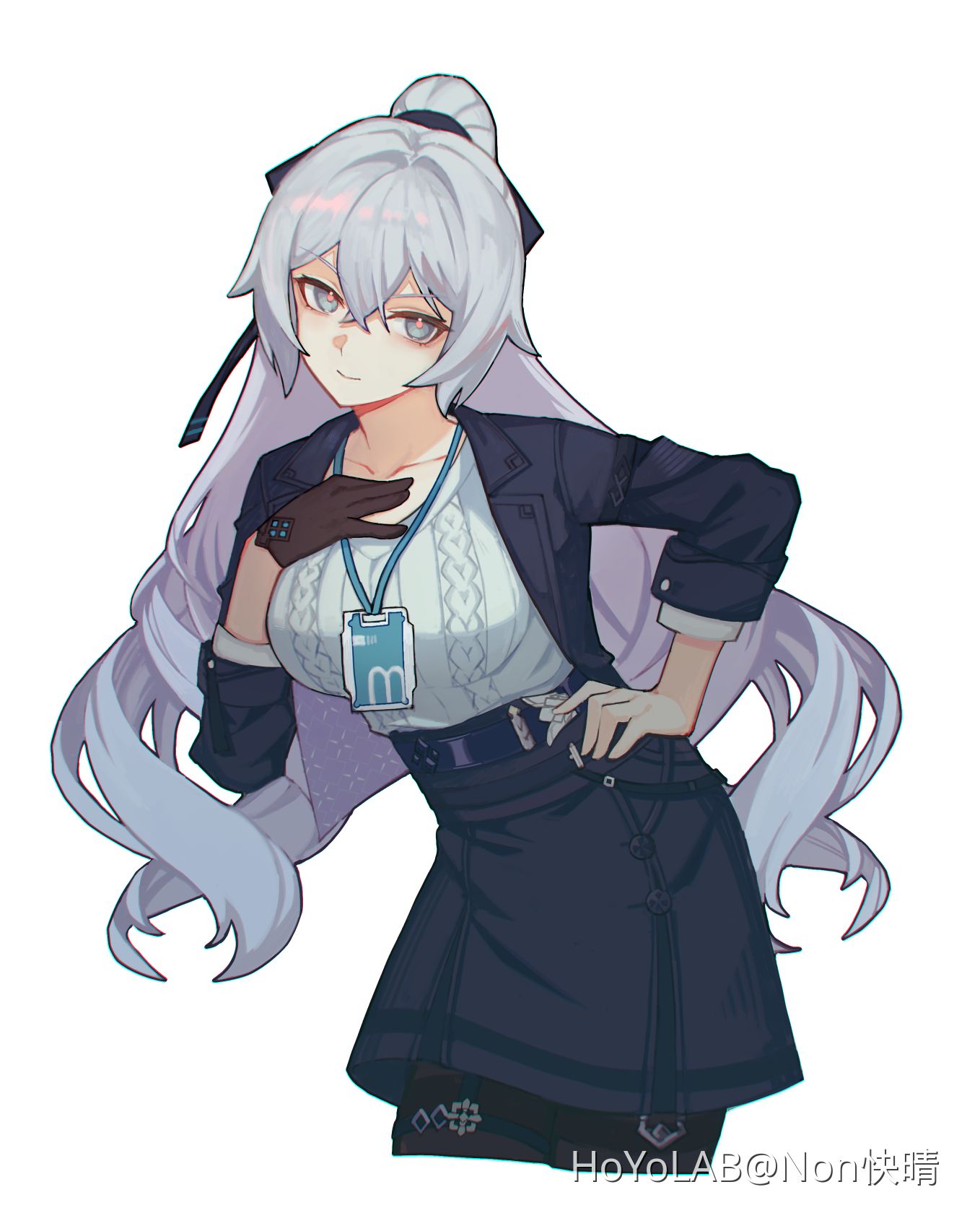 1girl alternate_hairstyle belt black_belt black_gloves black_jacket black_pantyhose black_ribbon black_skirt breasts bronya_zaychik bronya_zaychik_(silverwing:_n-ex) collarbone cowboy_shot cropped_legs gloves grey_eyes grey_hair hair_between_eyes hair_intakes hair_ribbon hand_on_own_chest hand_on_own_hip high_belt highres honkai_(series) honkai_impact_3rd hoyolab_username id_card jacket lanyard large_breasts leaning_to_the_side long_hair long_sleeves non_weathers office_lady one_side_up pantyhose pink_pupils ribbed_shirt ribbon shirt sidelocks simple_background skirt smile solo white_background