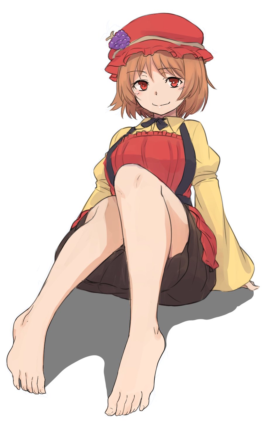 1girl aki_minoriko apron barefoot black_skirt closed_mouth commentary full_body hat highres kakone looking_at_viewer mob_cap one-hour_drawing_challenge orange_hair red_apron red_eyes shirt simple_background sitting skirt smile solo touhou white_background yellow_shirt