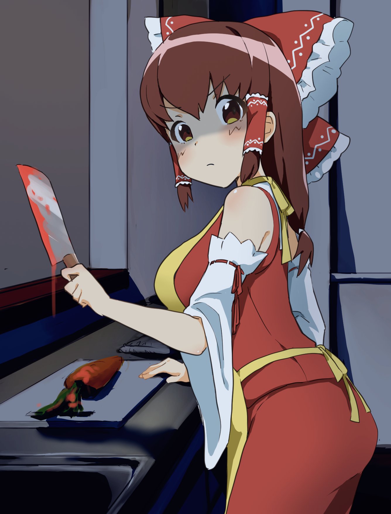 1girl apron blood blood_on_knife blush bow breasts brown_eyes brown_hair carrot closed_mouth commentary_request cookie_(touhou) cowboy_shot cutting_board detached_sleeves frilled_bow frilled_hair_tubes frills frown hair_bow hair_tubes hakurei_reimu highres holding holding_knife indoors kanna_(cookie) kitchen_knife knife large_breasts long_hair looking_at_viewer looking_to_the_side medium_bangs pura_(aiueo256375) red_bow red_shirt red_skirt shaded_face shirt sidelocks sink skirt sleeveless sleeveless_shirt solo touhou v-shaped_eyebrows white_sleeves wide_sleeves yellow_apron