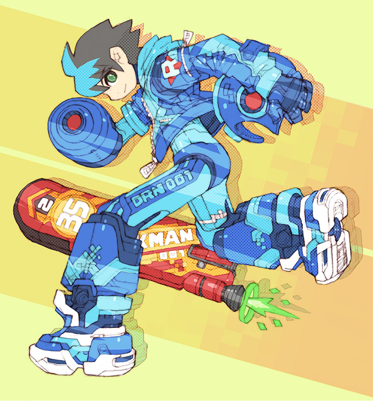alternate_costume anniversary arm_cannon armored_boots blue_footwear blue_jacket boots brown_hair character_name copyright_name green_eyes helmet holding holding_helmet hood hooded_jacket hoverboard jacket mega_man_(character) mega_man_(series) nakayama_tooru no_headwear short_hair spiked_hair weapon yellow_background