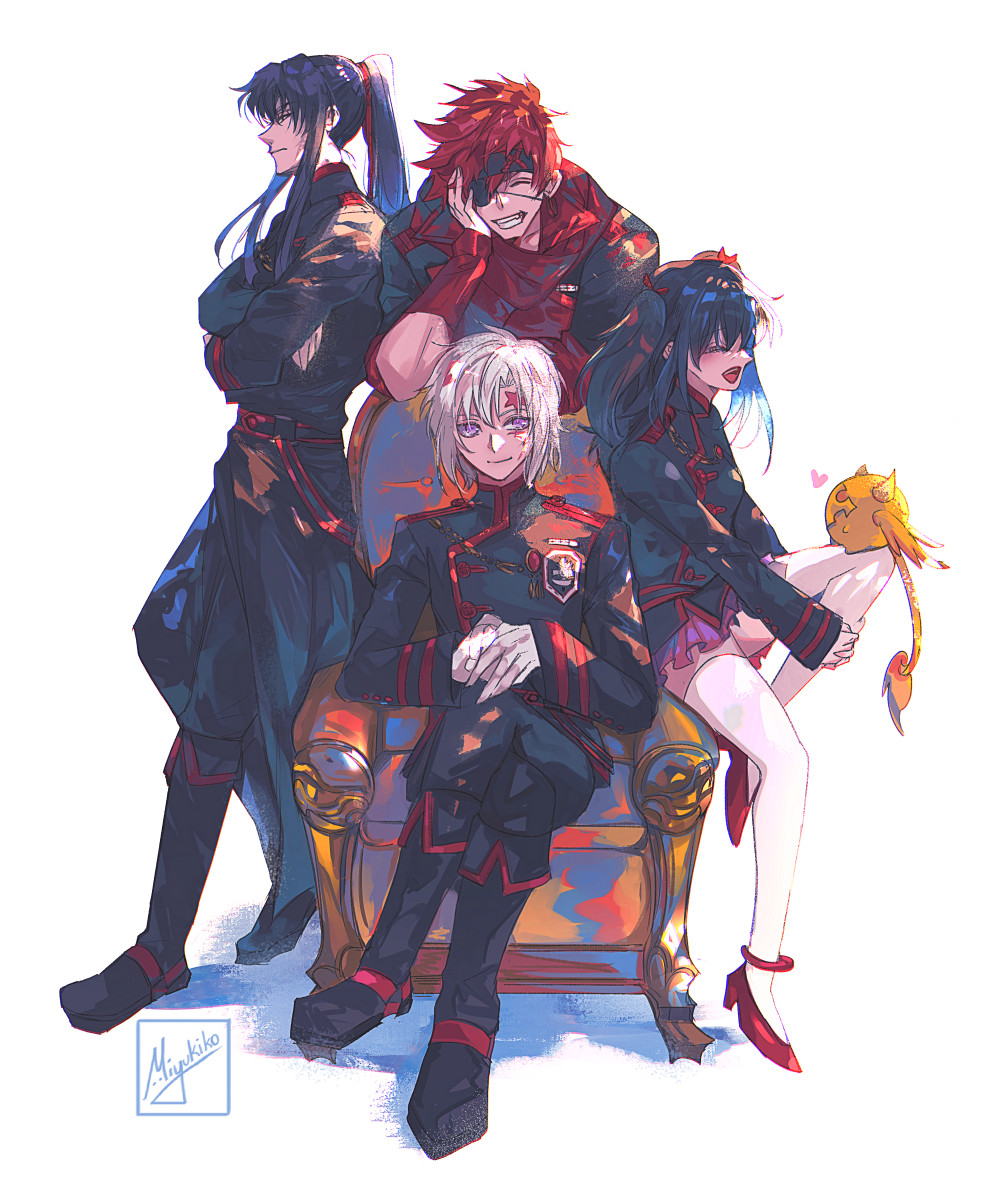1girl 3boys allen_walker anklet black_hair black_order_uniform boots closed_eyes closed_mouth crossed_arms crossed_legs d.gray-man eyepatch facial_mark frilled_skirt frills full_body gloves hair_between_eyes headband heart highres jacket jewelry kanda_yuu lavi leaning_forward lenalee_lee long_coat long_hair long_sleeves looking_at_viewer male_focus miyukiko multiple_boys on_chair open_mouth pink_skirt ponytail profile purple_eyes red_hair red_scarf scar scarf shirt short_hair signature sitting skirt smile standing thighhighs timcanpy two_side_up white_background white_hair white_thighhighs