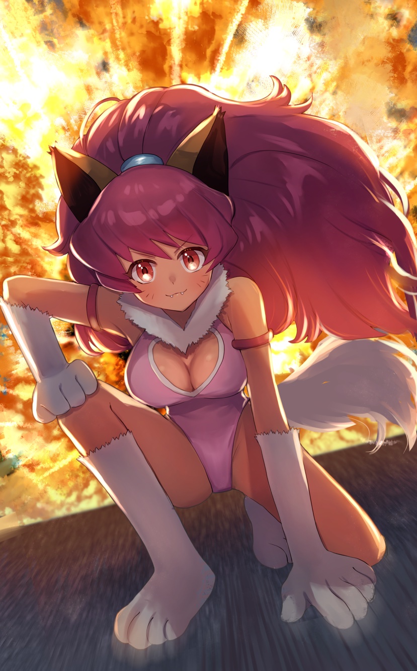 1girl animal_ears arm_strap breasts cat_ears cat_tail cleavage cleavage_cutout clenched_hand closed_mouth clothing_cutout commission fang fire full_body heart_cutout highres leotard long_hair looking_at_viewer perisie_(star_ocean) pink_eyes pink_hair pink_leotard skeb_commission smile solo star_ocean star_ocean_first_departure tail tori_ririisu