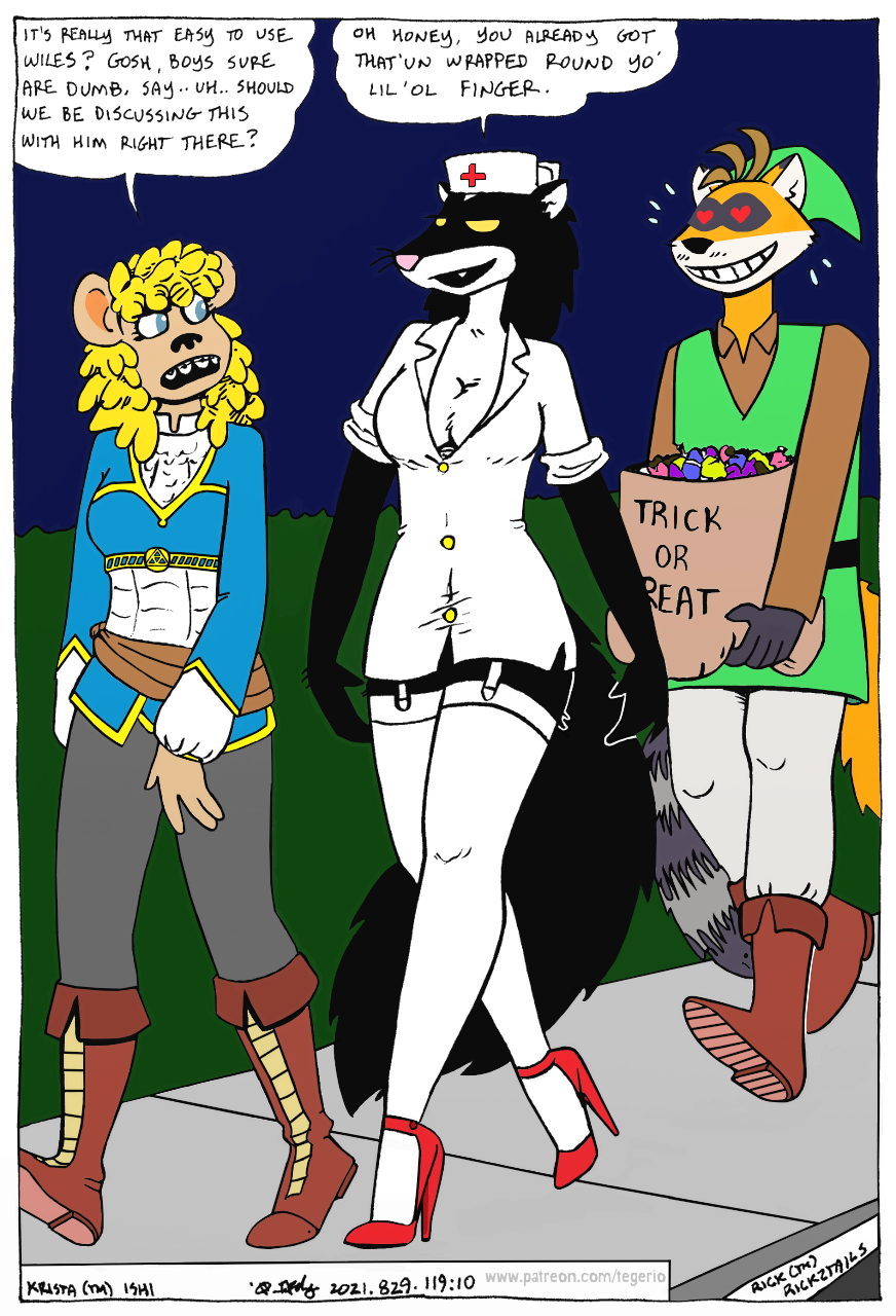 anthro bag bear big_breasts boots breasts canid canine catherine_o'daisies cleavage clothed clothing female footwear fox group halloween hi_res high_heels holidays hybrid krista_blonde legwear male mammal mephitid nurse open_mouth open_smile procyonid raccoon rick2tails skunk smile tail tegerio thick_thighs thigh_highs trio walking wide_hips zandar's_saga