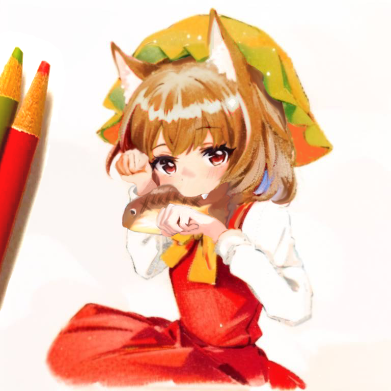 1girl animal_ear_fluff animal_ears art_tools_in_frame blush brown_eyes brown_hair cat_ears chen colored_pencil_(medium) commentary_request dress fang fish flat_chest food_in_mouth hands_up hat long_sleeves looking_at_viewer mob_cap mouth_hold paw_pose red_dress short_hair solo touhou traditional_media voyager_(user_yrzv4324)