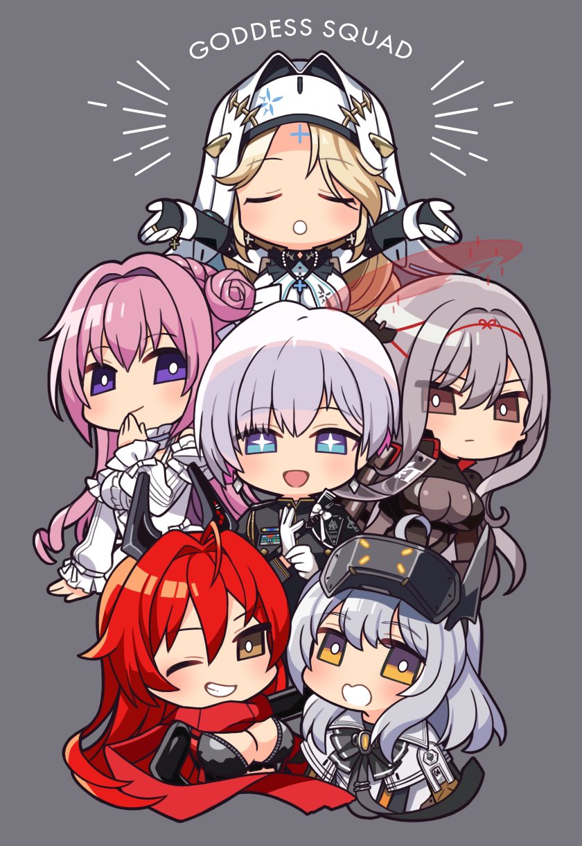 6+girls ahoge black_jacket blonde_hair blue_eyes braid breasts bright_pupils brown_eyes chibi cleavage closed_eyes closed_mouth coif cropped_torso dorothy_(nikke) dress english_text frilled_sleeves frills gloves goddess_of_victory:_nikke grey_background grey_hair grin hair_between_eyes hair_bun hair_intakes head-mounted_display highres jacket katsuma_rei large_breasts liliweiss_(nikke) long_hair long_sleeves looking_at_viewer multiple_girls one_eye_closed open_mouth outstretched_arms pink_hair purple_eyes rapunzel_(nikke) red_hair red_hood_(nikke) red_scarf scarf scarlet_(black_shadow)_(nikke) scarlet_(nikke) simple_background single_hair_bun smile snow_white_(innocent_days)_(nikke) snow_white_(nikke) sparkling_eyes upper_body very_long_hair white_dress white_gloves white_pupils zipper