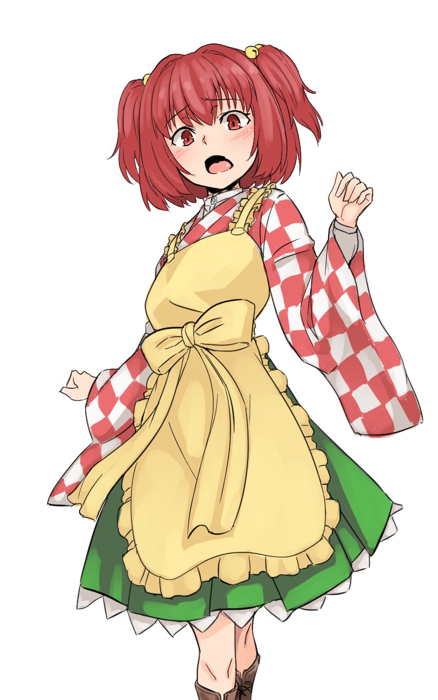 1girl apron commentary feet_out_of_frame green_skirt hair_bobbles hair_ornament highres kakone long_sleeves looking_at_viewer motoori_kosuzu one-hour_drawing_challenge open_mouth red_eyes red_hair simple_background skirt solo touhou two_side_up white_background wide_sleeves yellow_apron