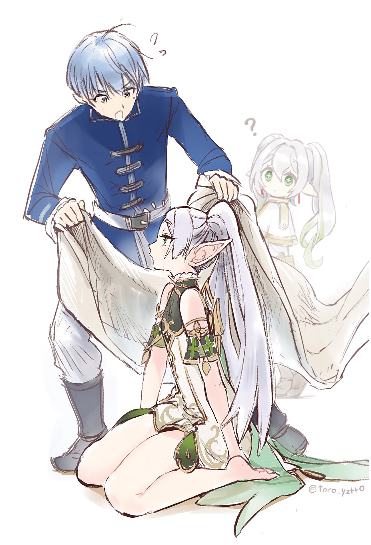 1boy 2girls ? alternate_hairstyle artist_name barefoot blue_hair blue_tunic cape capelet cloak commentary_request cosplay costume_switch cross-shaped_pupils feet frieren from_side full_body genshin_impact gold_trim gradient_hair green_cape green_eyes green_hair highres himmel_(sousou_no_frieren) holding_cloak kneeling long_hair multicolored_hair multiple_girls nahida_(genshin_impact) pointy_ears profile short_hair side_ponytail simple_background sousou_no_frieren symbol-shaped_pupils toro_astro twintails twitter_username white_background white_capelet white_cloak white_hair
