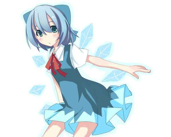 blue_eyes blue_hair bow cirno dress hair_bow ice jpeg_artifacts short_hair simple_background solo touhou white_background wings